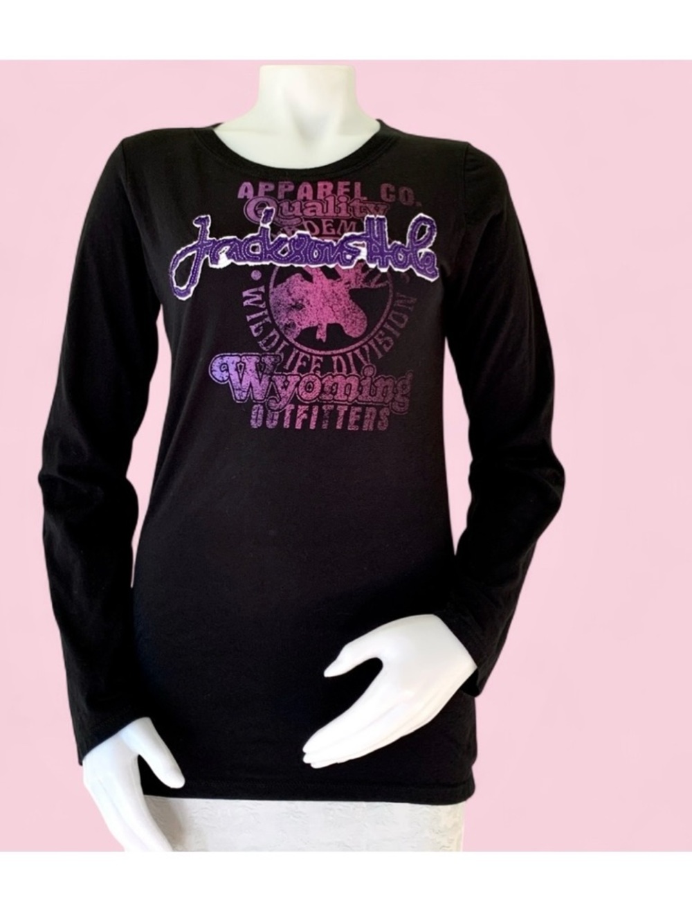 Jackson Hole Wyoming black cotton long sleeve tee with purple pink moose graphic